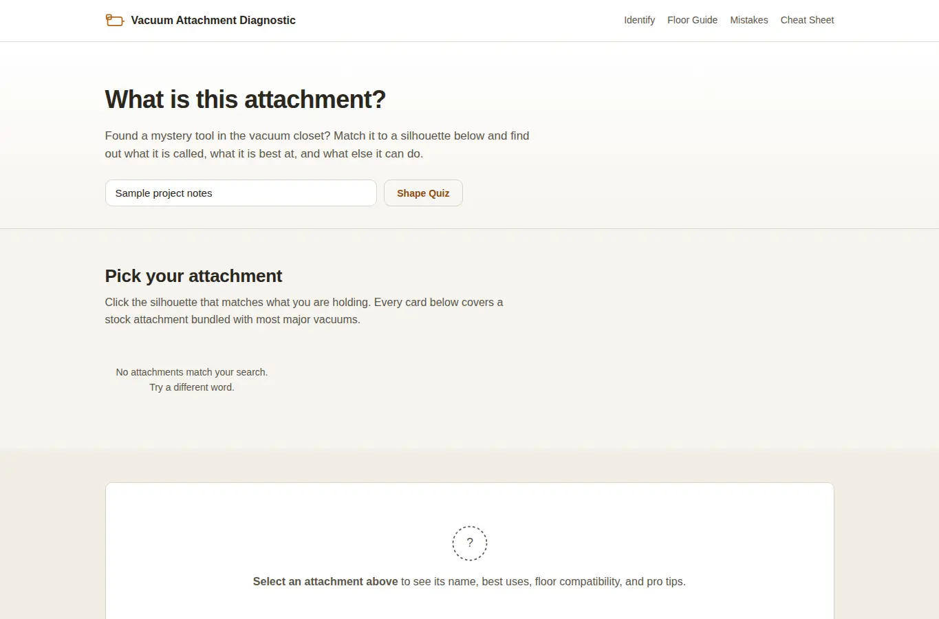 Screenshot of Vacuum Attachment Diagnostic interface showing the project page in use